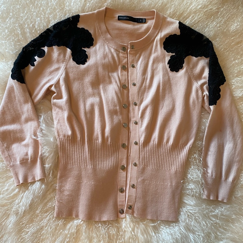 Karen Millen Pink Cardigan Black Lace Detail